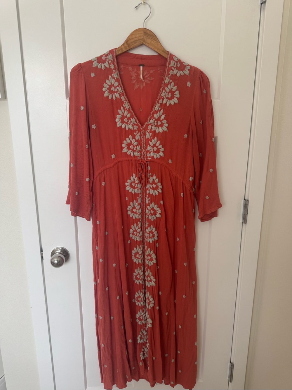 Free People Orange/Peachish Maxi Dress with White Floral Embroidery